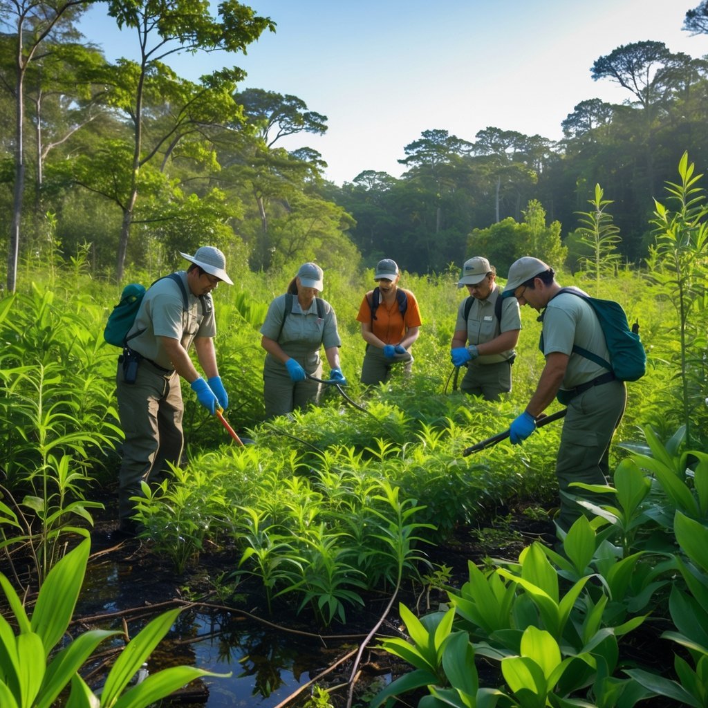 Botanists removing invasive plants from a green forest area to protect native vegetation.