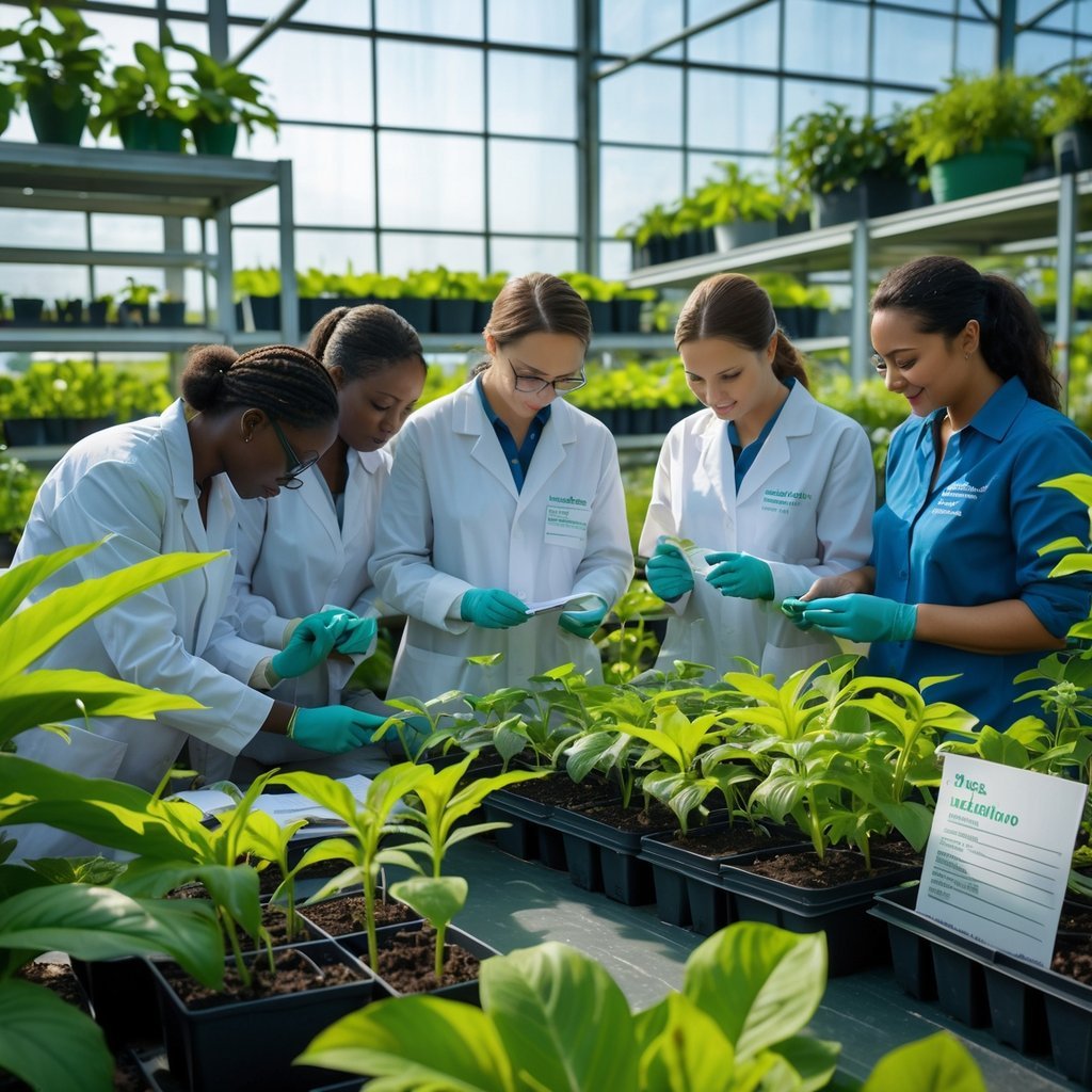 Botanists examining and selecting plants in a sunlit greenhouse filled with diverse greenery and scientific equipment.