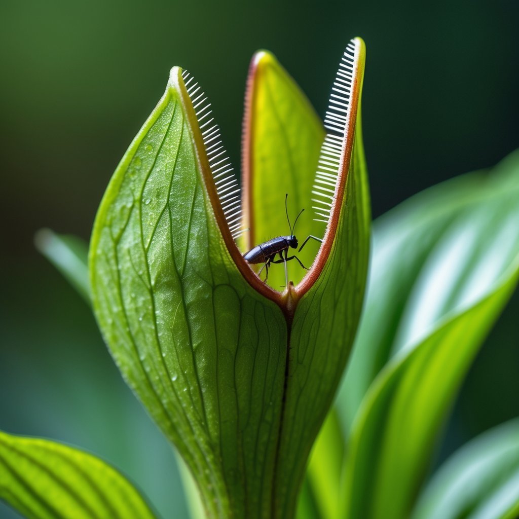 Close-up of a Venus Flytrap plant snapping shut around a small insect.
