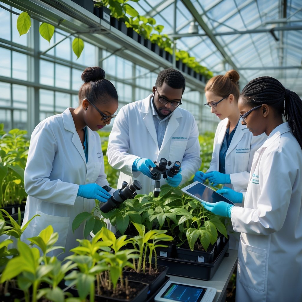 Scientists in a greenhouse examining plants and using scientific equipment to develop climate-resilient plant varieties.