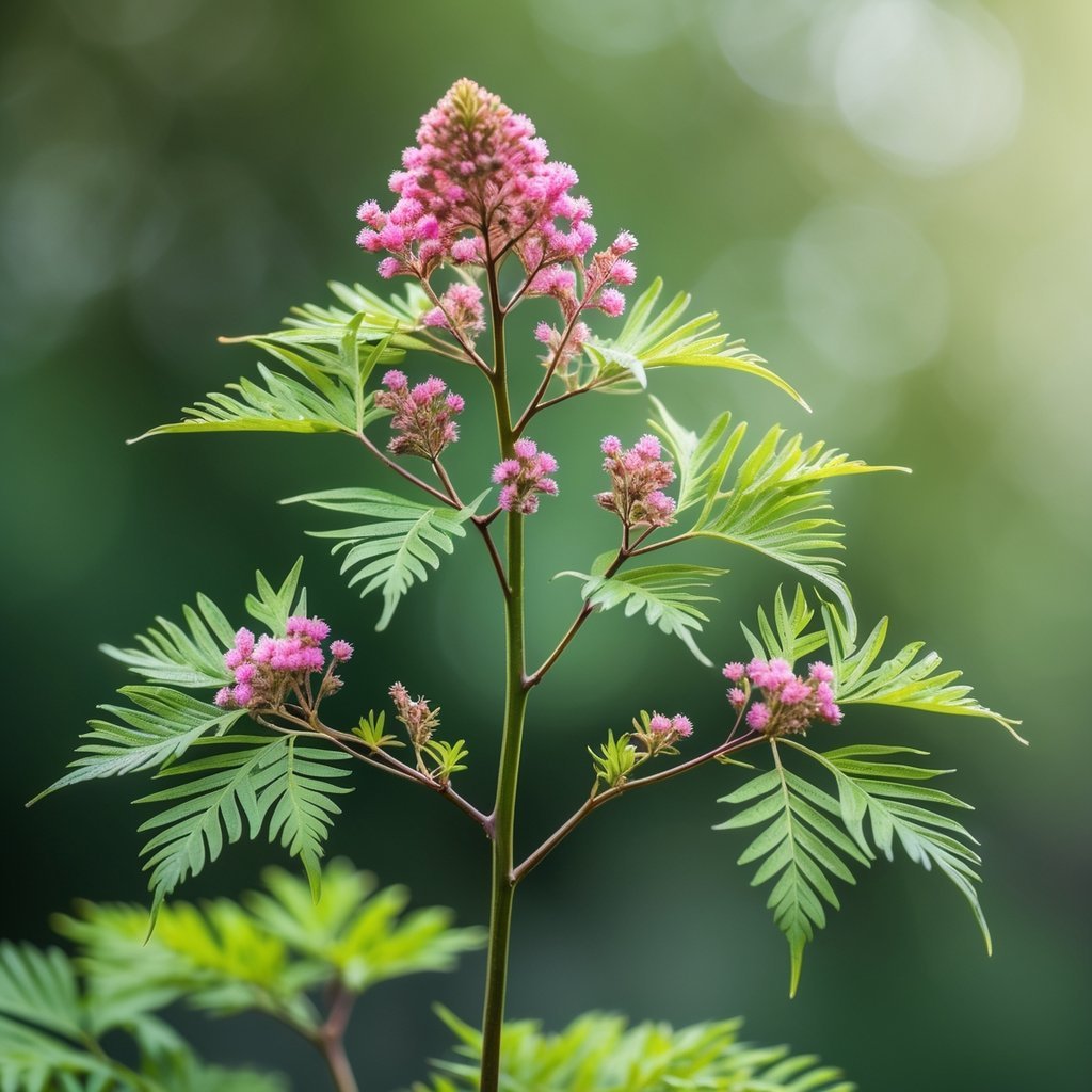 Close-up of a Mimosa Pudica plant with some leaves folded and others open, showing its movement ability.