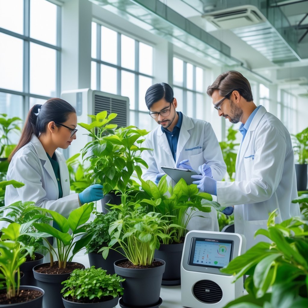 Scientists working indoors surrounded by various green plants and air quality monitoring equipment.