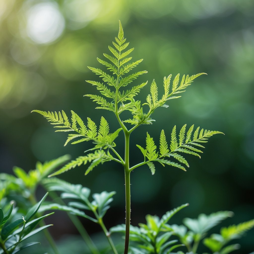 Close-up of a Sensitive Plant with its leaves folding inward in response to touch against a blurred green background.