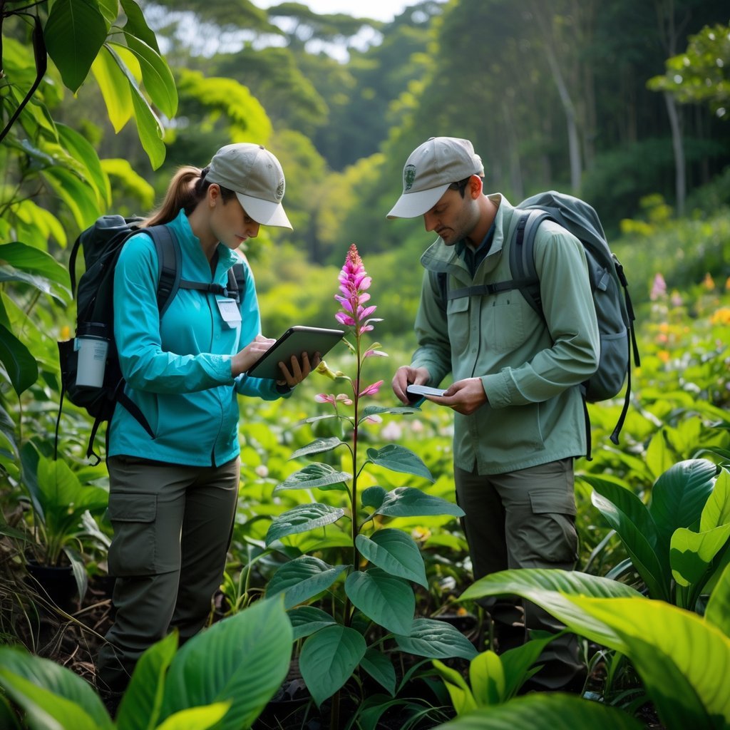 Two botanists in a forest examining and documenting endangered plants with digital devices and magnifying glass among lush green vegetation.