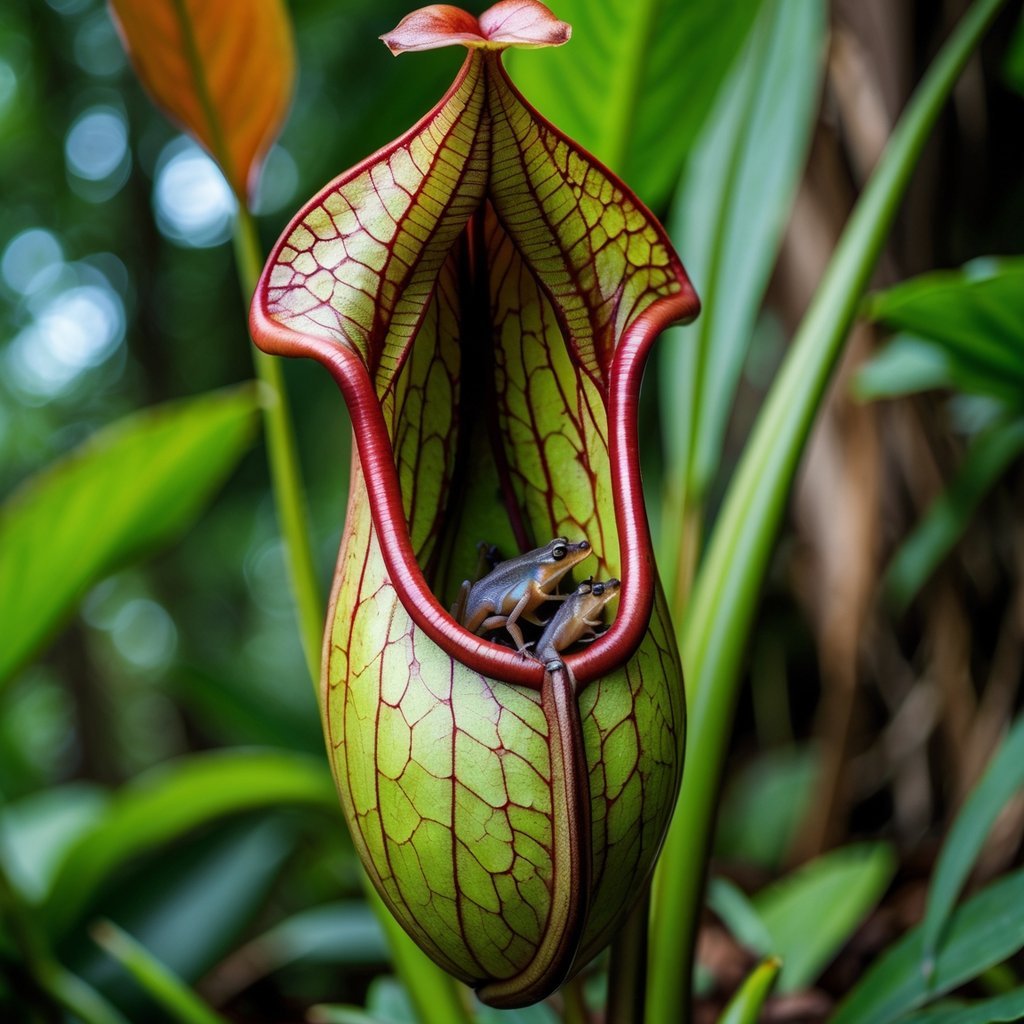 Close-up of a large Nepenthes rajah pitcher plant with small rodents and frogs inside, surrounded by tropical leaves.