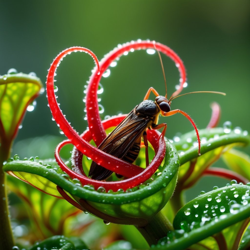 Close-up of a sundew plant with curled sticky leaves capturing an insect.