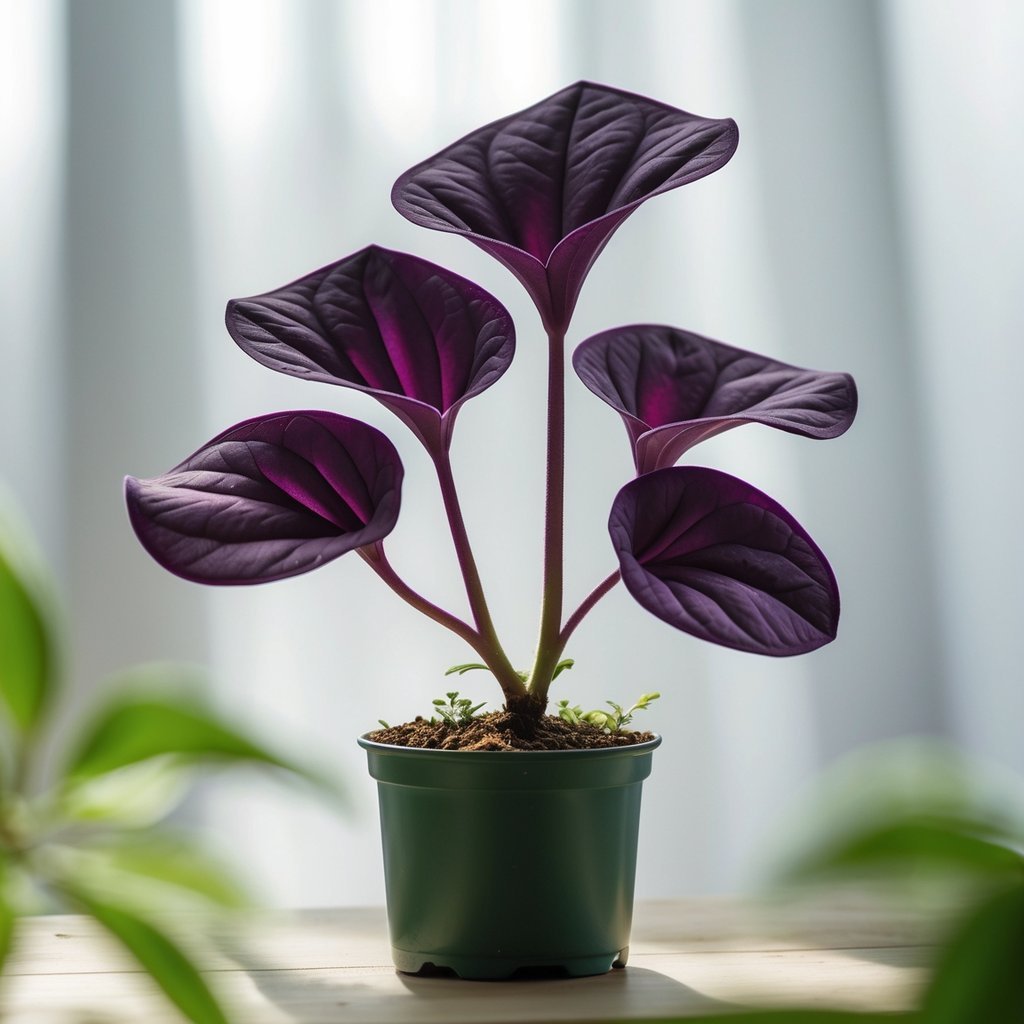 Close-up of an Oxalis Triangularis plant with deep purple triangular leaves moving in response to light.
