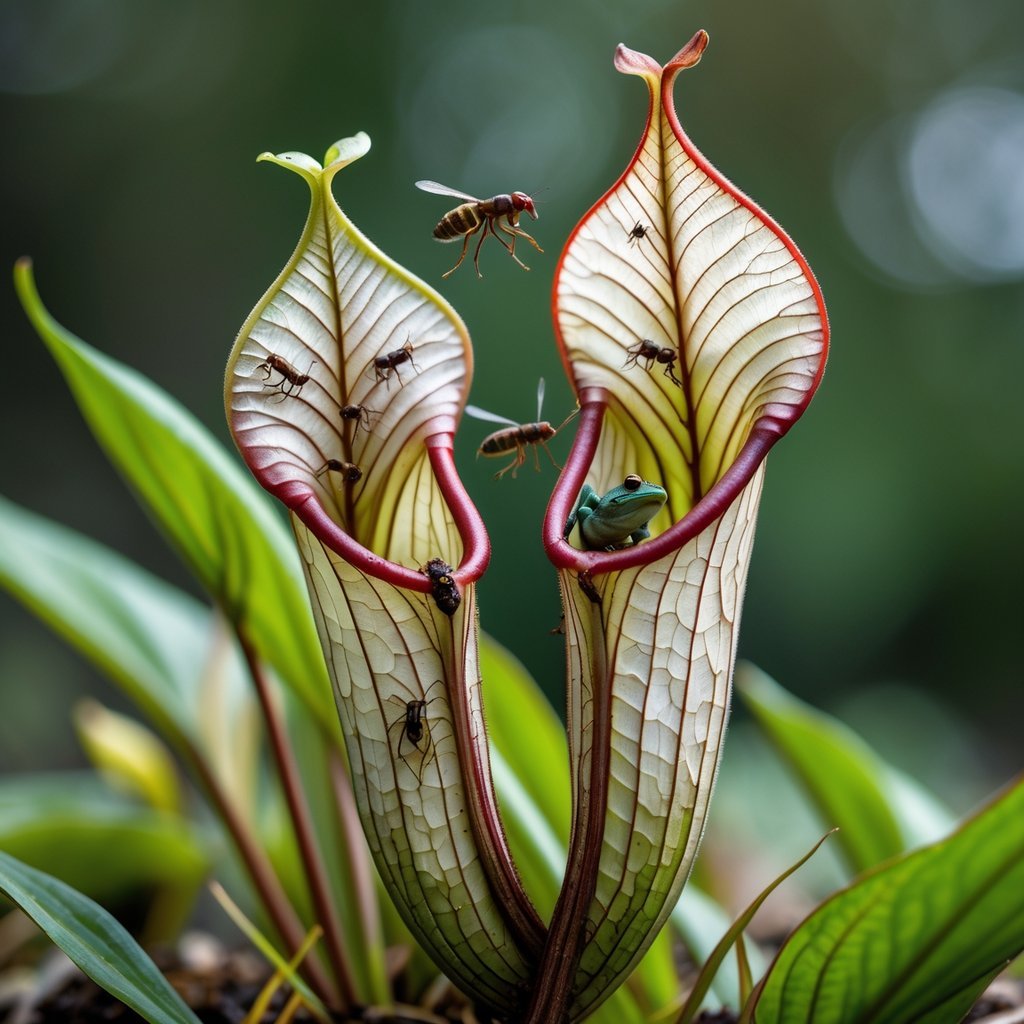 A Sarracenia leucophylla pitcher plant with white and red-veined tubular leaves trapping insects and a small amphibian inside its pitchers.