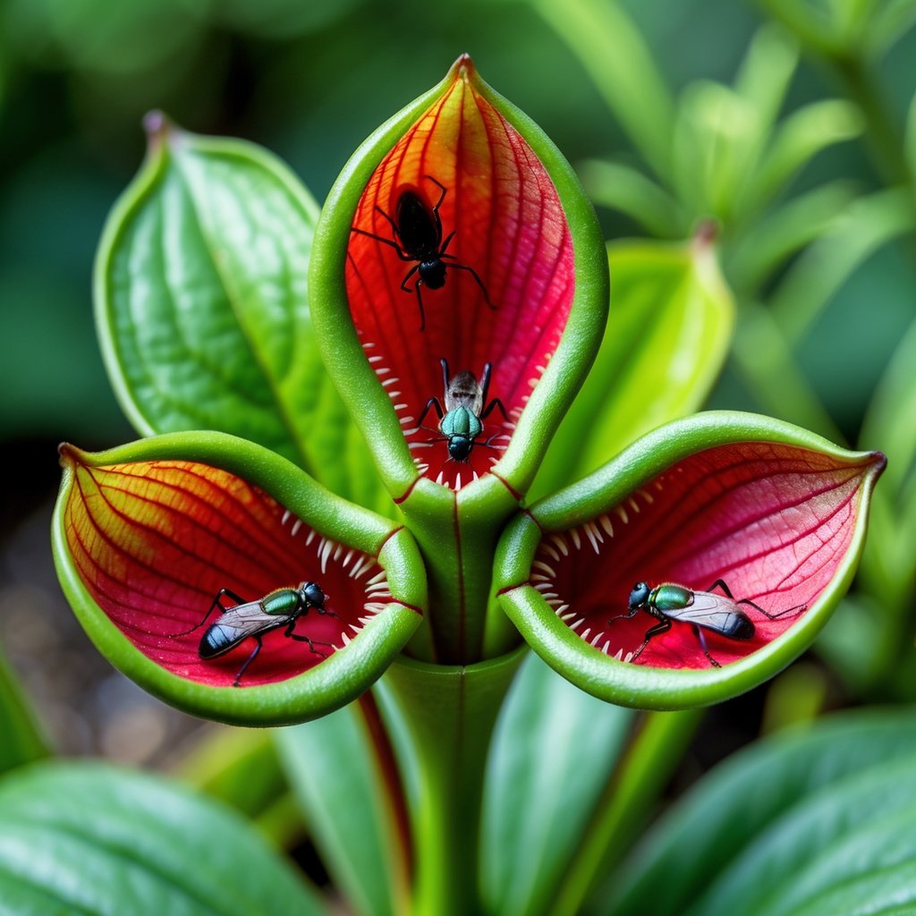 Close-up of a Venus flytrap plant with several small insects trapped inside its open leaves.