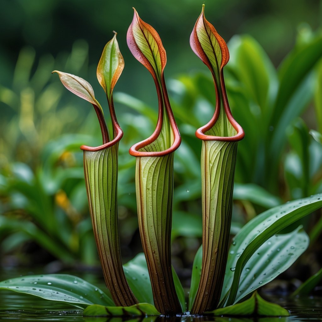 Close-up of a Darlingtonia californica plant with pitcher-shaped leaves trapping insects and small aquatic creatures.