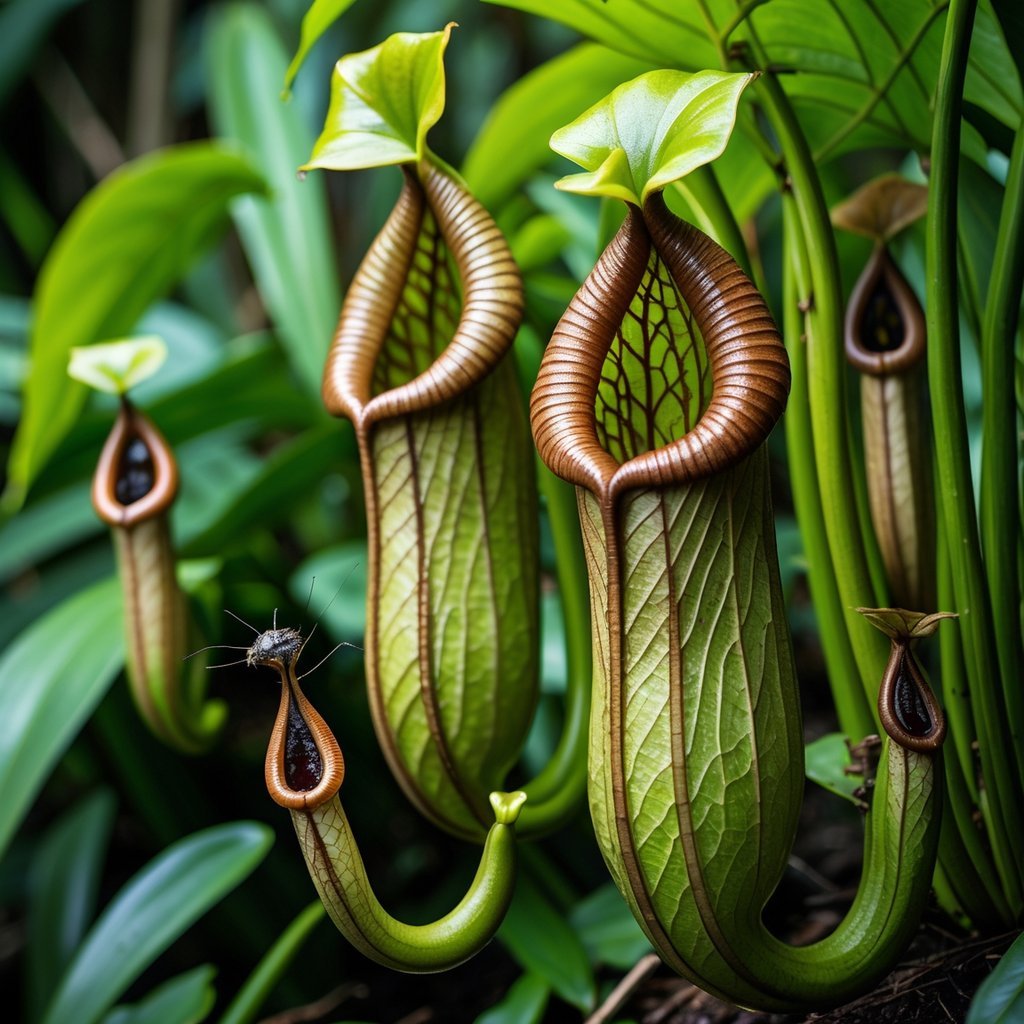 Nepenthes attenboroughii giant pitcher plant with insects and small vertebrates trapped inside its large pitchers in a natural environment.