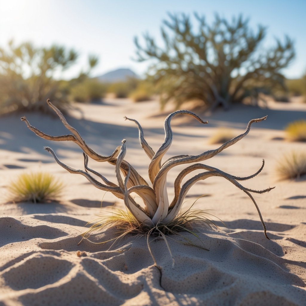 A Welwitschia mirabilis plant with long, twisted leaves growing in a sandy desert environment under clear sunlight.