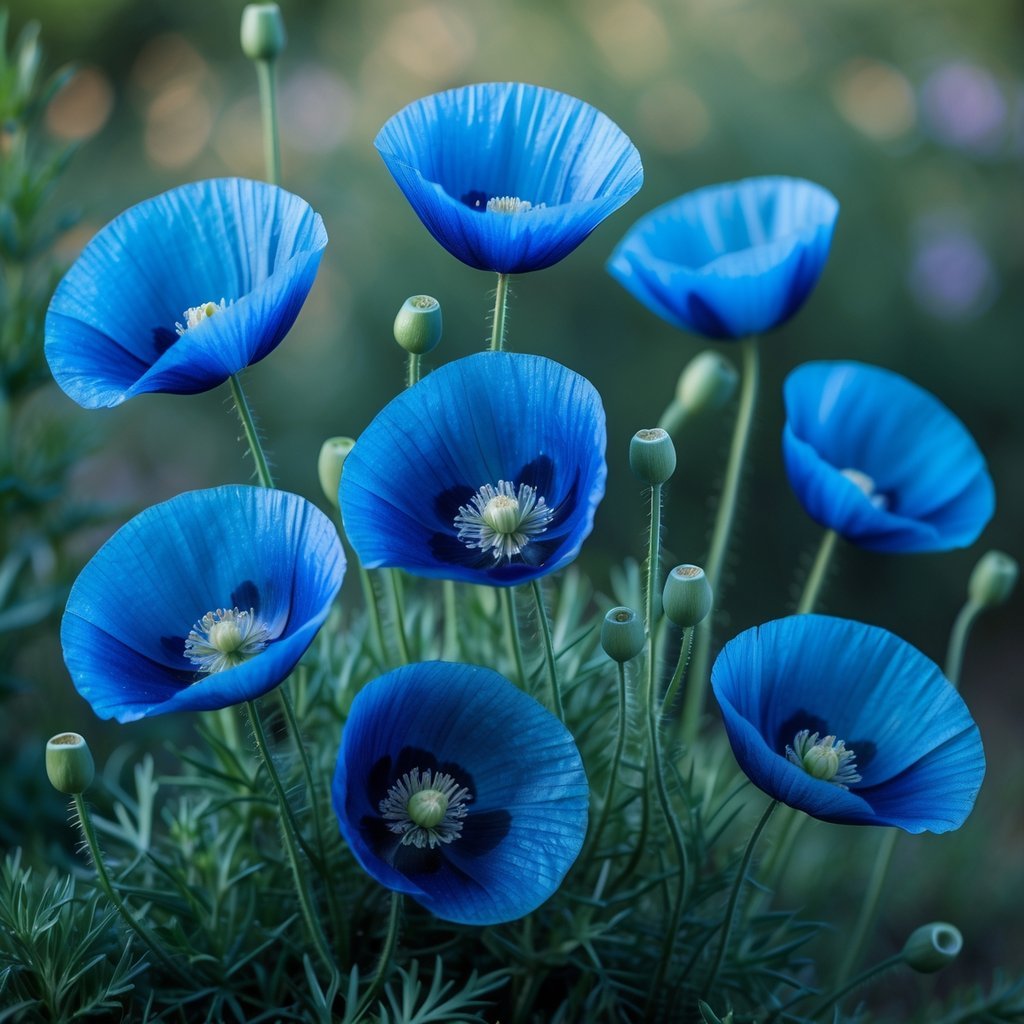 Seven blue poppy flowers blooming among green leaves in a natural setting.