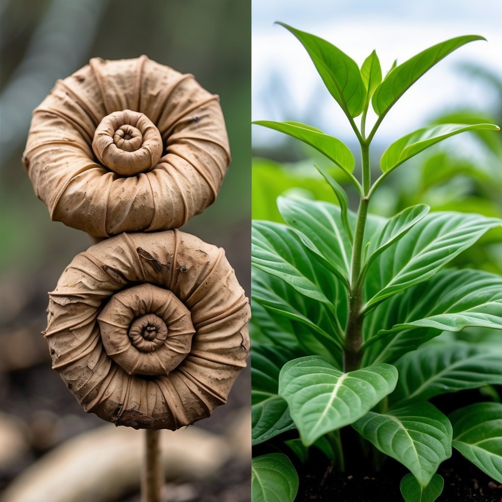 A Resurrection Plant shown in two states: dry and curled up on one side, and green and fully open on the other side.
