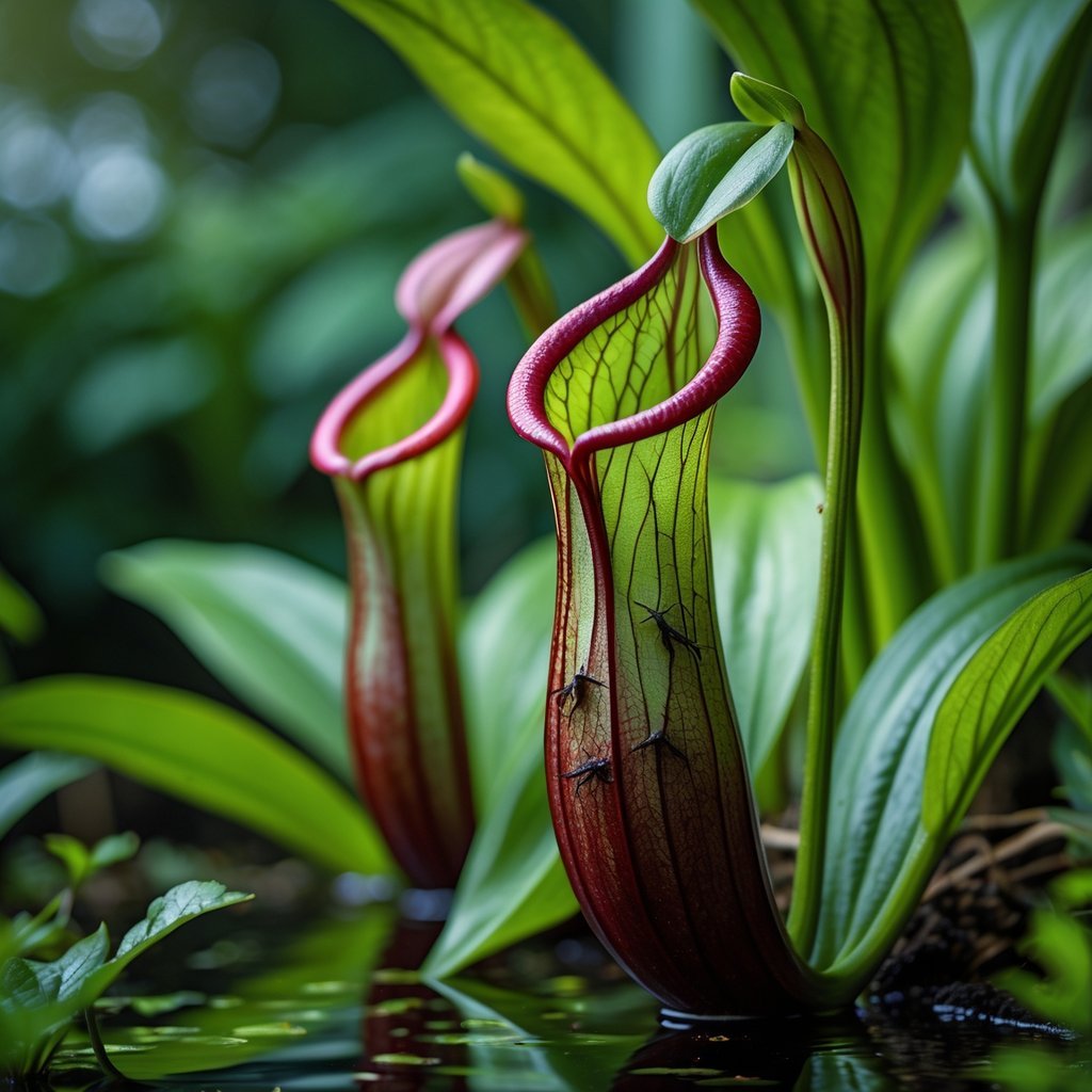 Close-up of a Sarracenia purpurea pitcher plant with aquatic larvae inside and trapped insects around it.