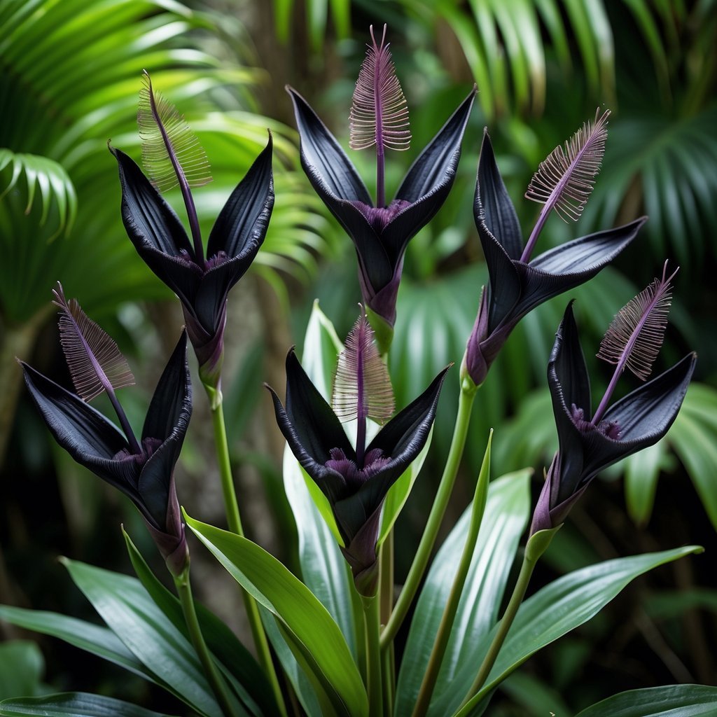 Seven black bat flowers with wing-like bracts and long filaments growing among green tropical leaves.