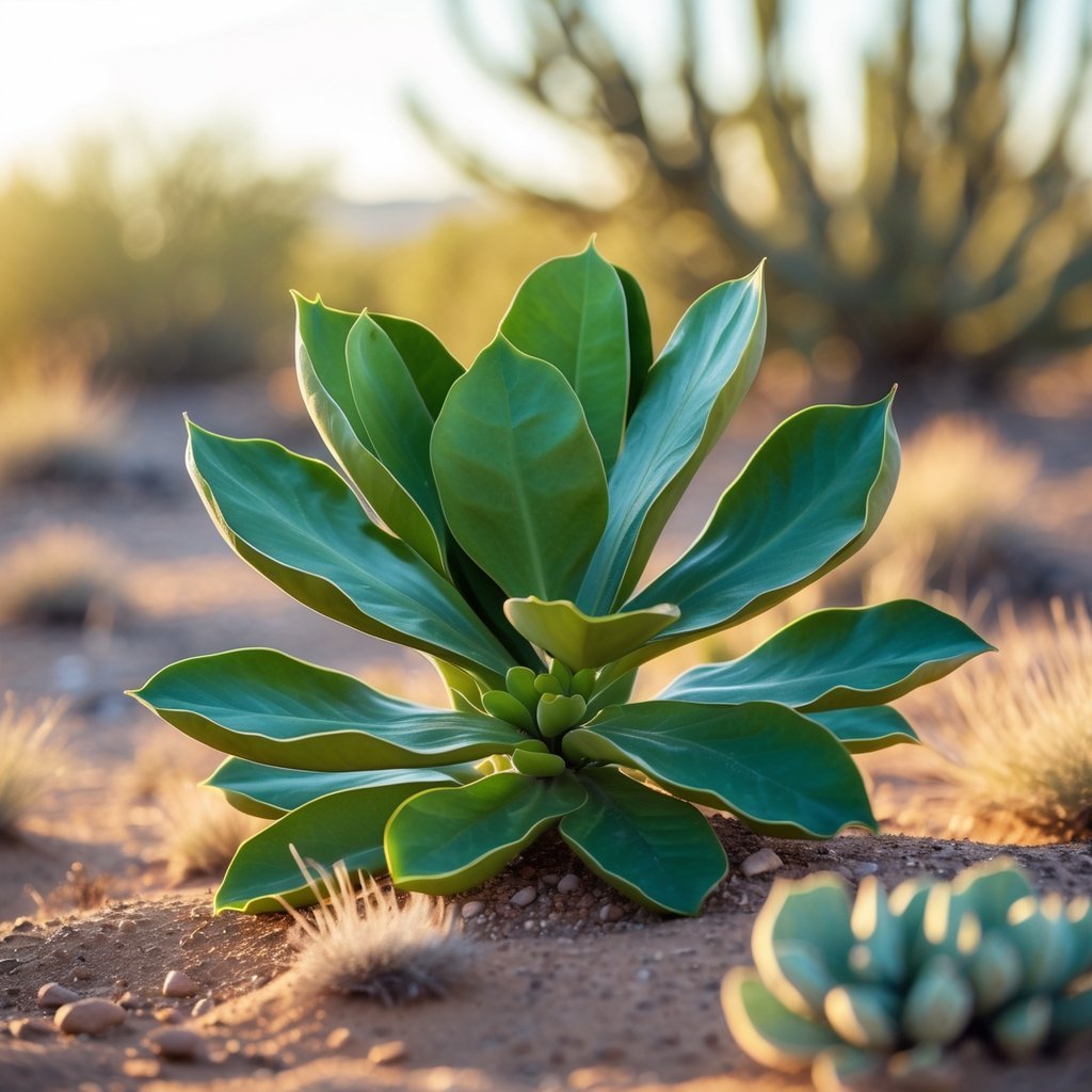 Close-up of a Euphorbia resinifera plant with thick, leathery green leaves in a dry desert environment.