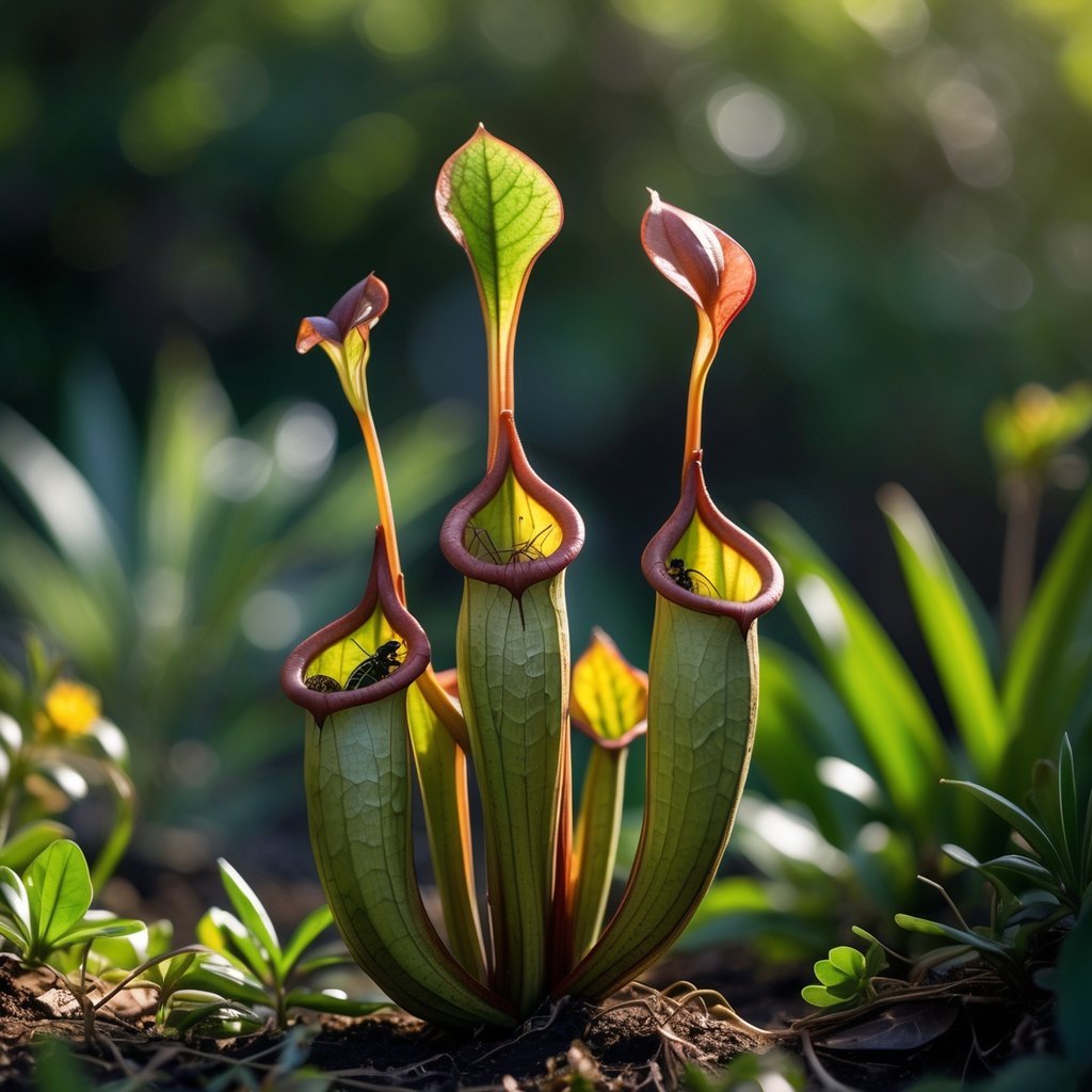 Close-up of an Australian pitcher plant with bulbous traps capturing insects and small invertebrates in a natural environment.
