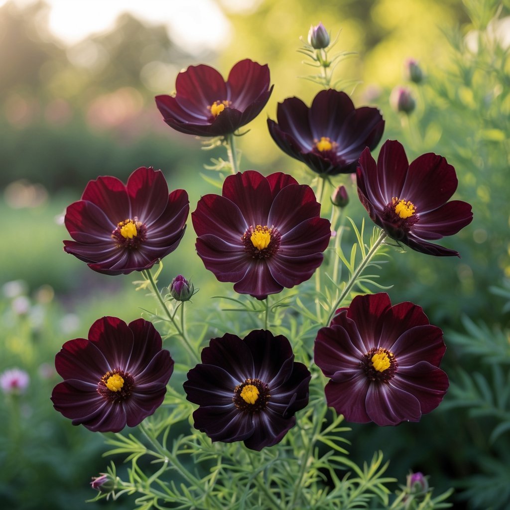 Seven dark burgundy Chocolate Cosmos flowers with green leaves in a natural outdoor setting.