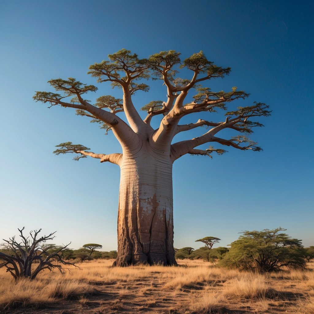 A large baobab tree with a thick trunk standing in a dry landscape under a clear sky.
