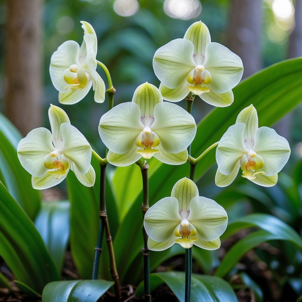 Seven delicate ghost orchid flowers with white and pale green petals growing among green tropical leaves.