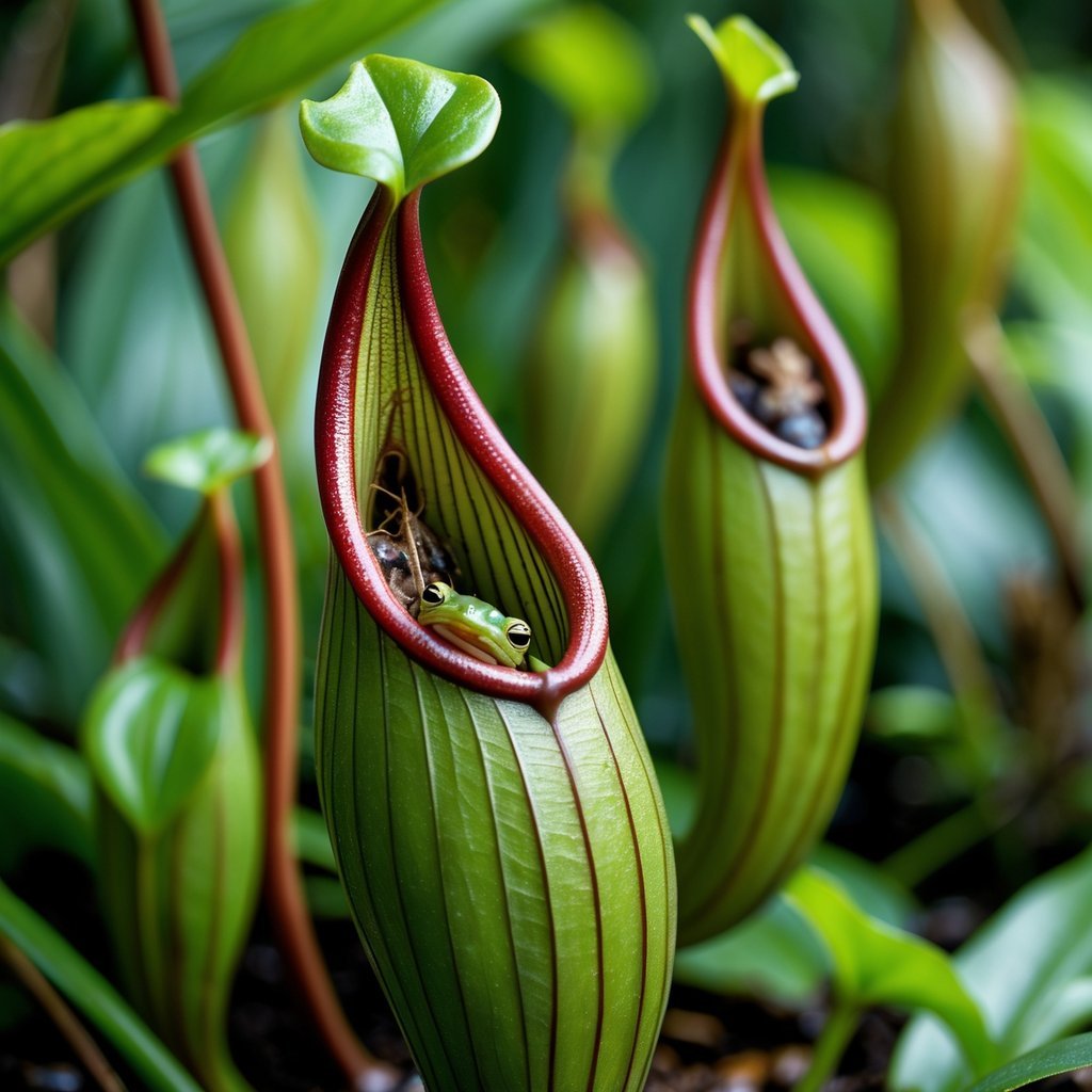 Close-up of a Heliamphora nutans carnivorous plant with pitcher traps containing trapped insects and a small frog.