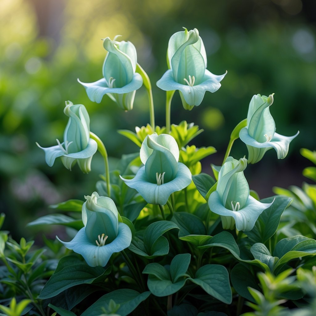 Seven bluish-green Glaucous Gentian flowers blooming among green leaves in a natural outdoor setting.