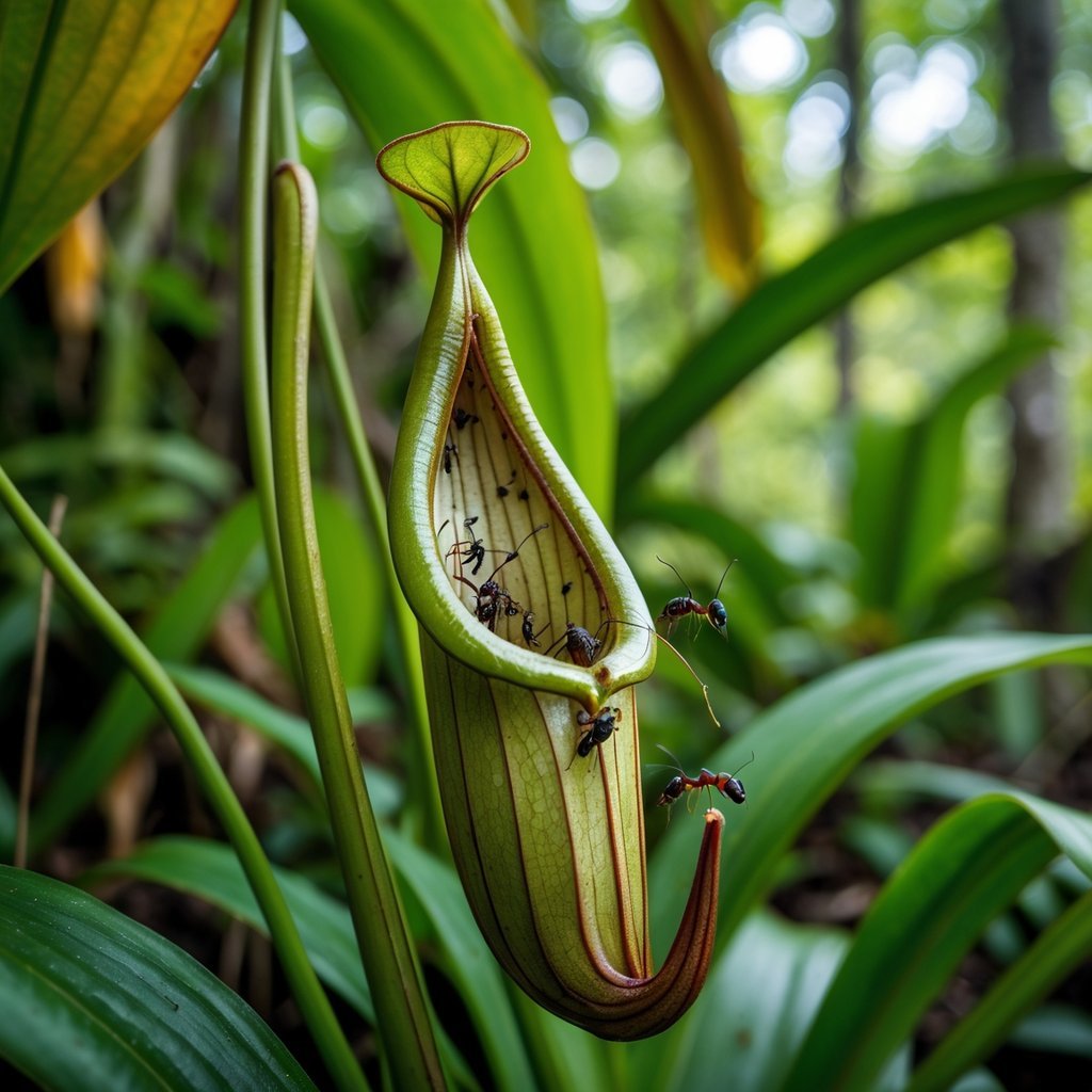 Close-up of a Nepenthes bicalcarata pitcher plant with ants on it, catching insects and small animals in a tropical forest setting.