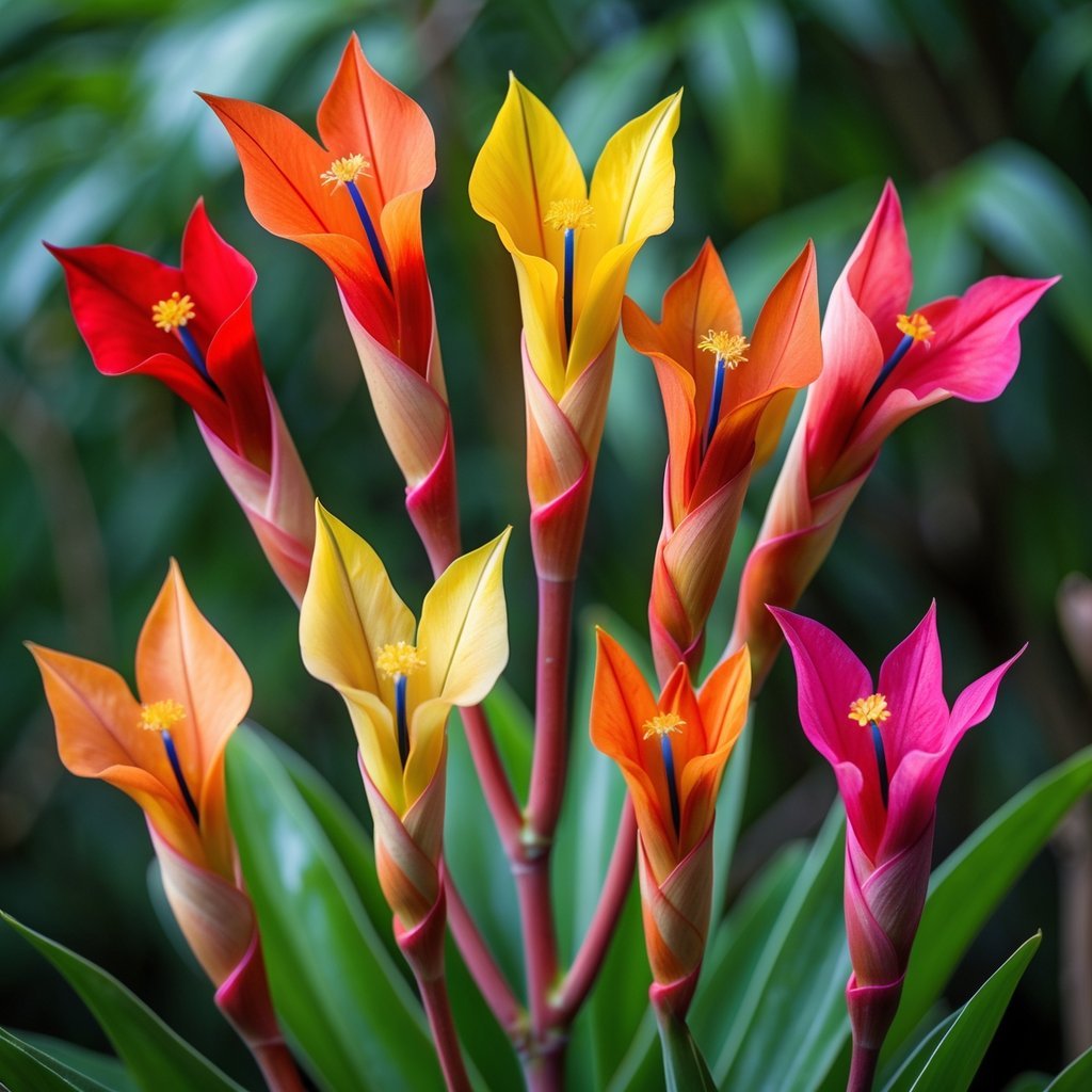Close-up of seven colorful Parrot's Beak flowers with vivid petals and green leaves in the background.