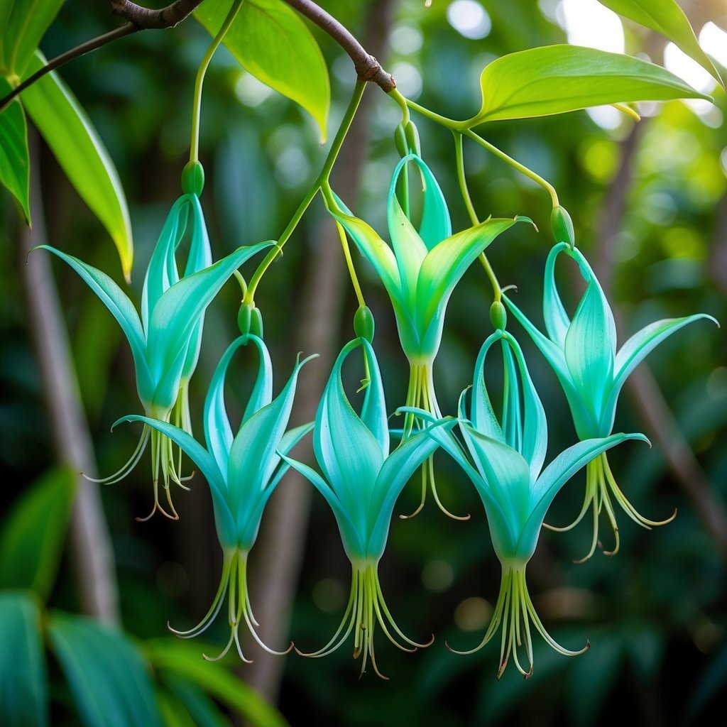 Seven vibrant Jade Vine flowers hanging from green foliage in a natural outdoor setting.