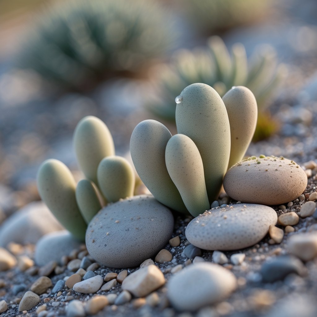 Close-up of several small Lithops plants resembling stones among pebbles and sandy soil.