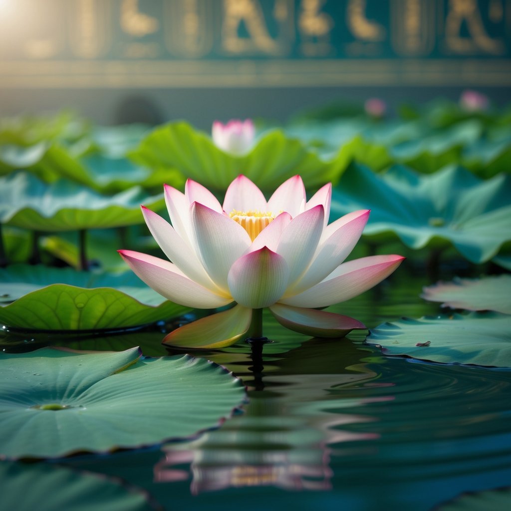 A white and pink lotus flower blooming on calm water surrounded by green lily pads.