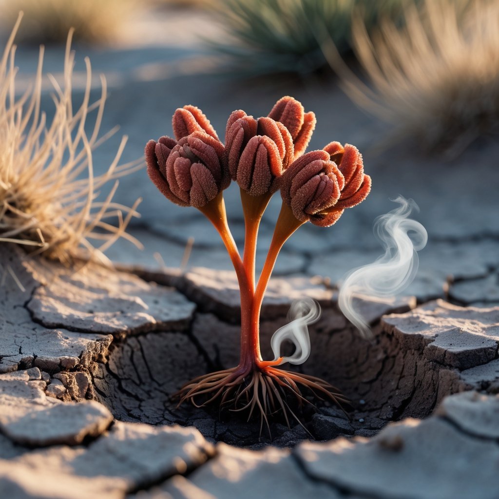 Close-up of Hydnora africana plant emerging from dry soil with surrounding desert vegetation.