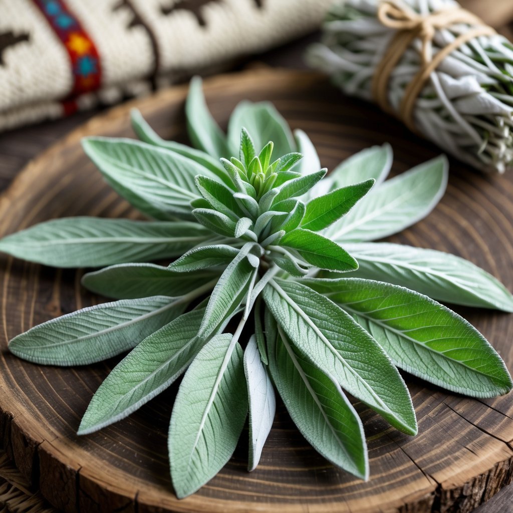 Close-up of fresh green sage leaves on a wooden surface with a small tied bundle and traditional woven fabric in the background.