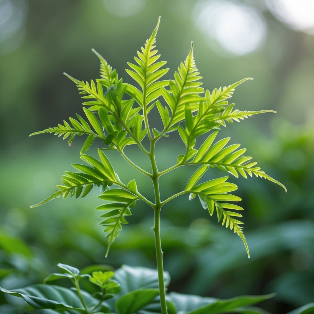 Close-up of a Sensitive Plant with its leaves folding inward as if responding to touch, surrounded by green foliage.