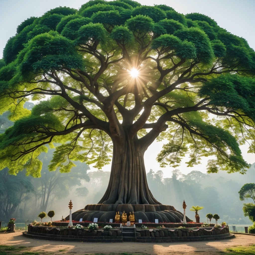 A large Bodhi tree with heart-shaped leaves standing in a peaceful outdoor setting with flowers and incense at its base.