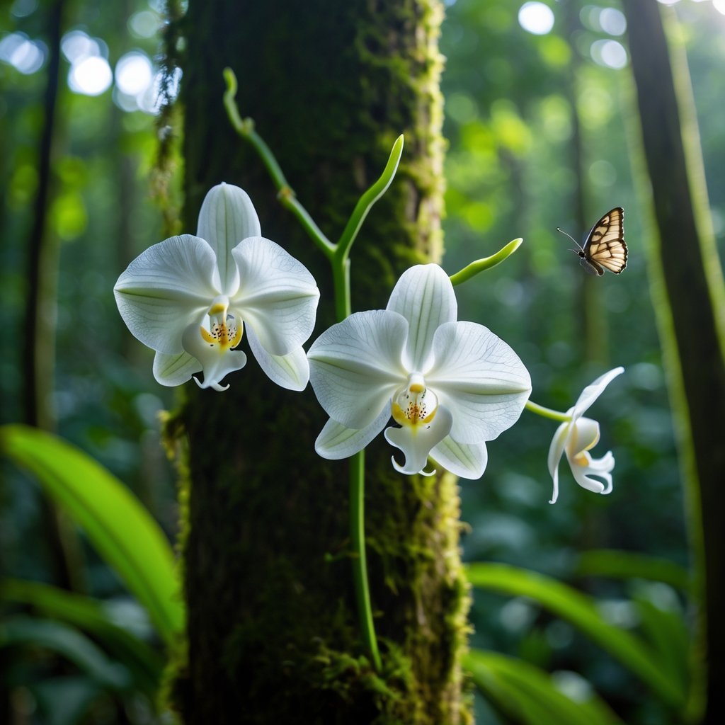 Close-up of a rare white Ghost Orchid blooming on a mossy tree in a tropical forest with a moth hovering nearby.