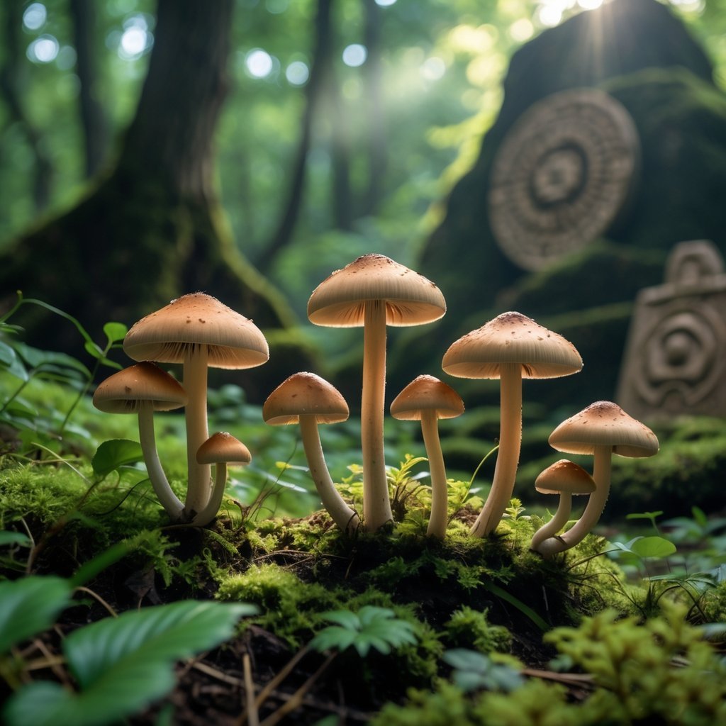 Clusters of sacred mushrooms growing on a forest floor with soft sunlight filtering through trees and ancient Aztec artifacts blurred in the background.