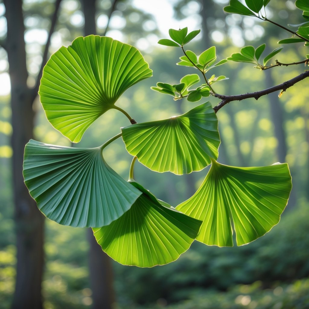 Close-up of green fan-shaped Ginkgo biloba leaves on a branch with a blurred natural background.