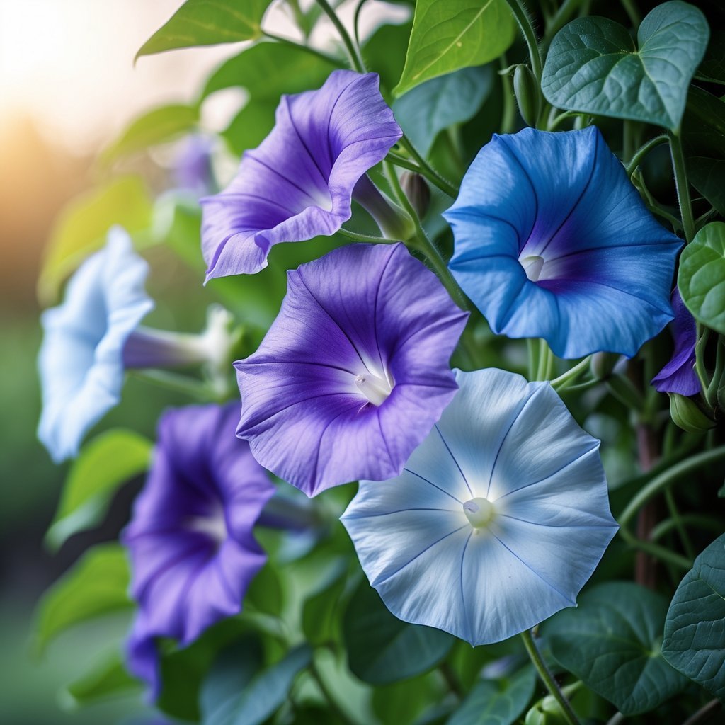 Close-up of morning glory flowers showing purple, blue, and white petals on green vines.