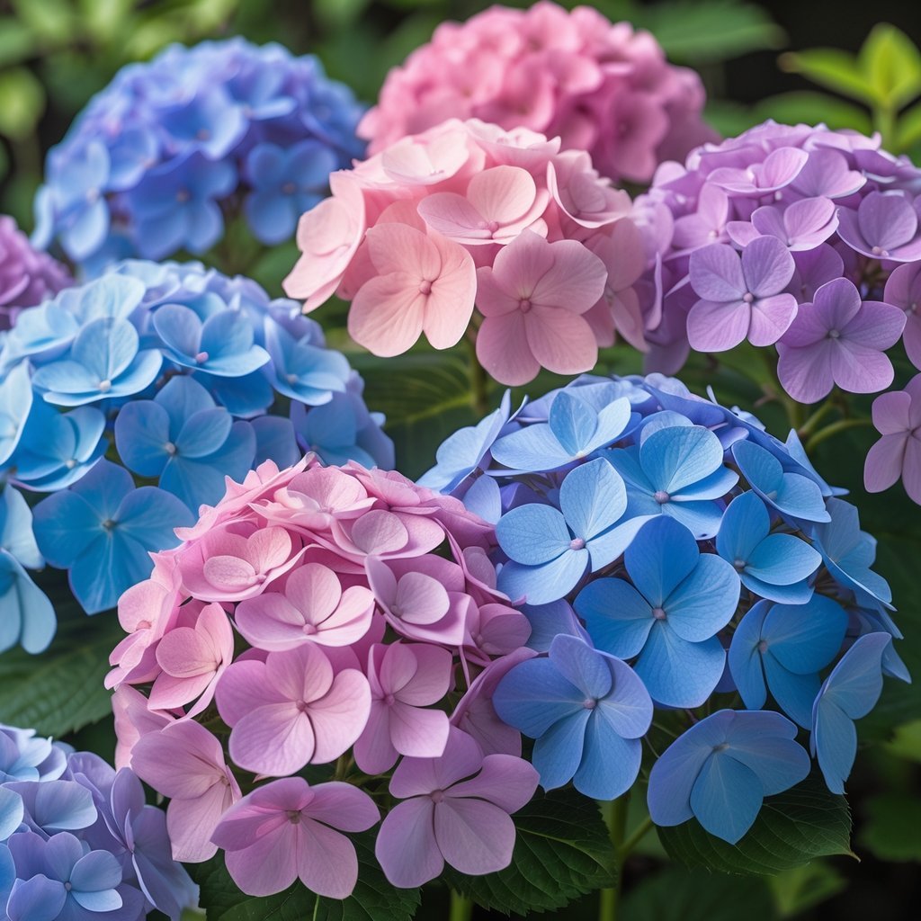 Close-up of colorful hydrangea flowers in pink, blue, and purple shades on green stems with blurred foliage in the background.