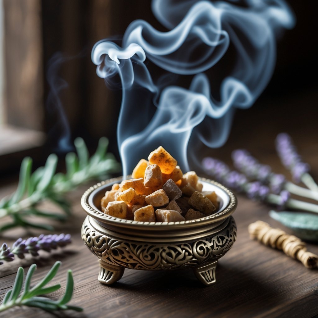 Close-up of frankincense resin burning in an incense burner with smoke rising, surrounded by sprigs of other sacred plants on a wooden surface.