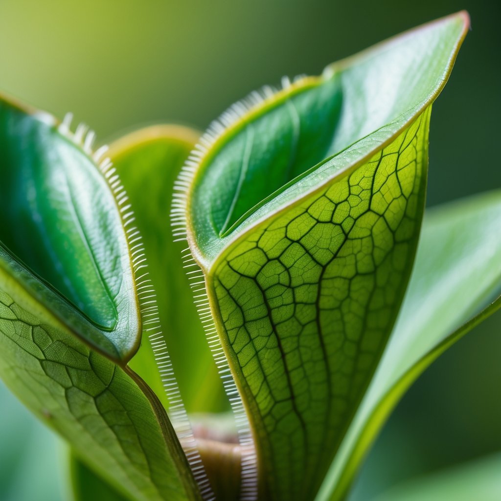 Close-up of a Venus Flytrap plant with one leaf partially closed, showing its trigger hairs and detailed leaf structure.