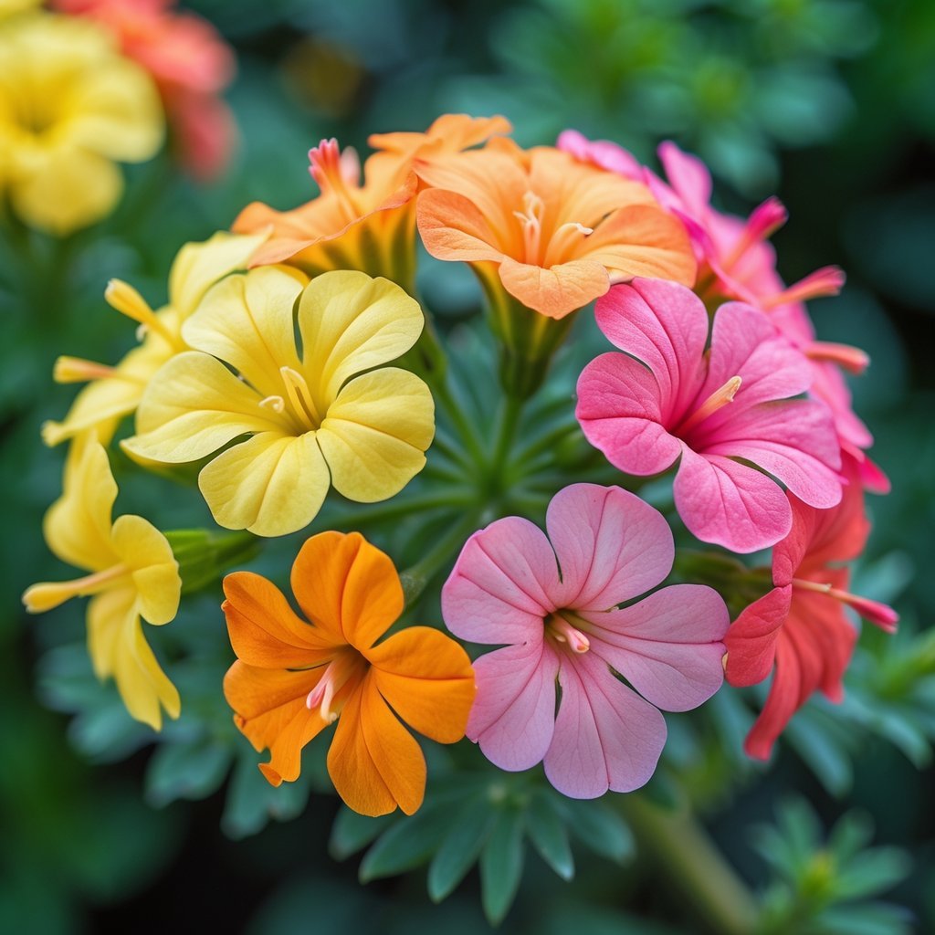 Close-up image of a lantana flower cluster showing multiple colors on its small florets with green leaves in the background.