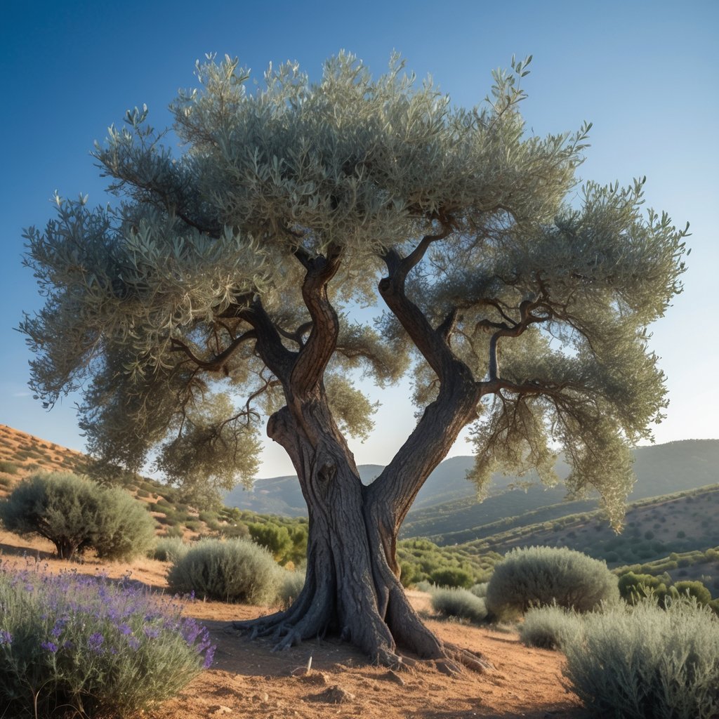 A mature olive tree with a thick trunk and silvery-green leaves standing in a sunlit Mediterranean landscape with hills and other plants around it.