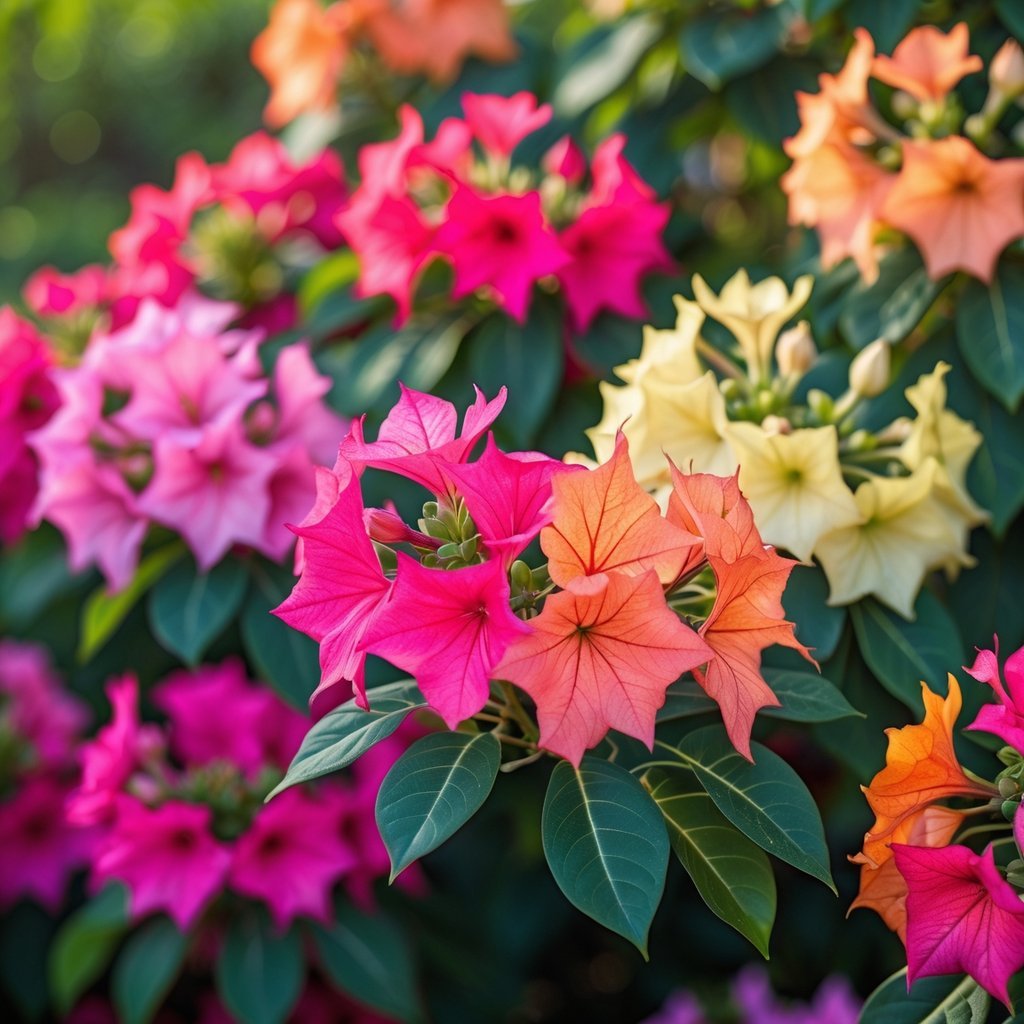 Close-up of bougainvillea flowers showing a range of colors from pink to orange and yellow under natural light.