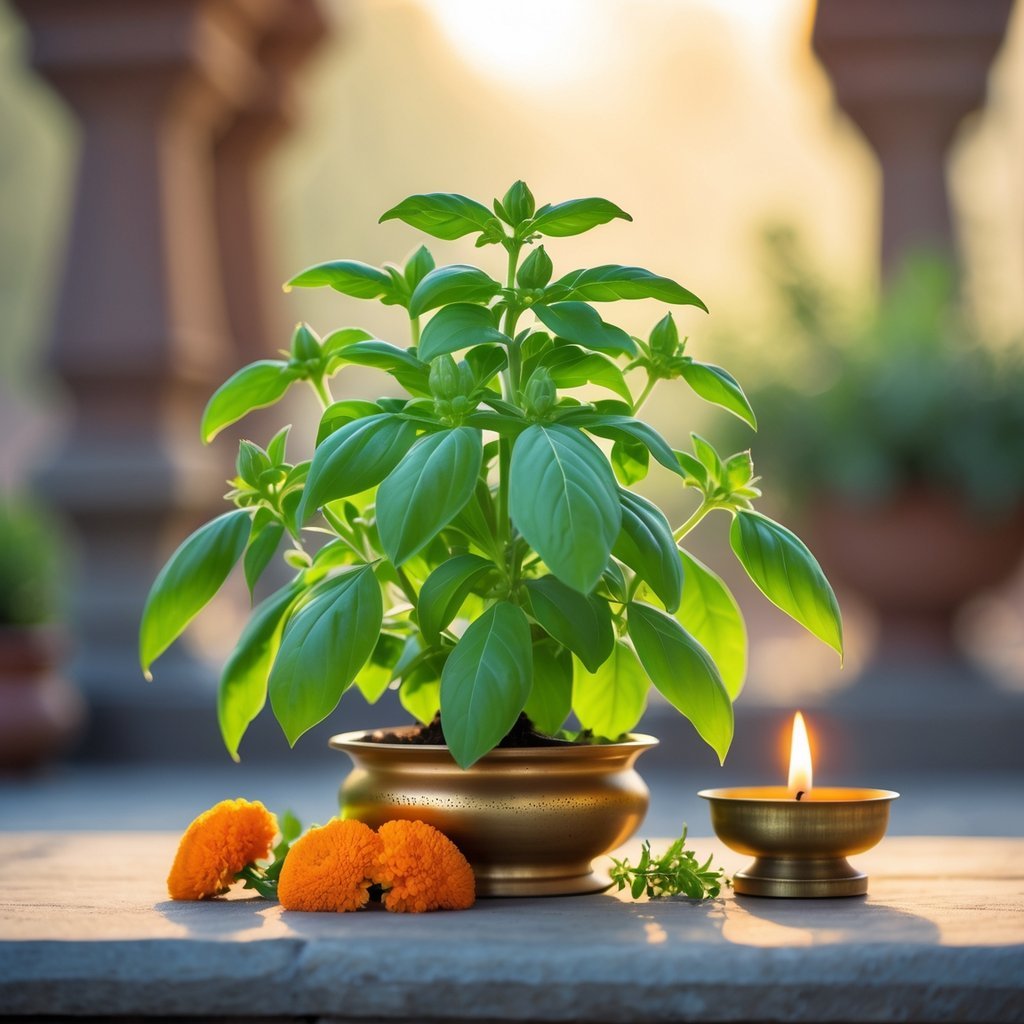 A close-up of a healthy Tulsi (Holy Basil) plant with green leaves, a small brass oil lamp, and marigold flowers arranged around it on a softly blurred background.
