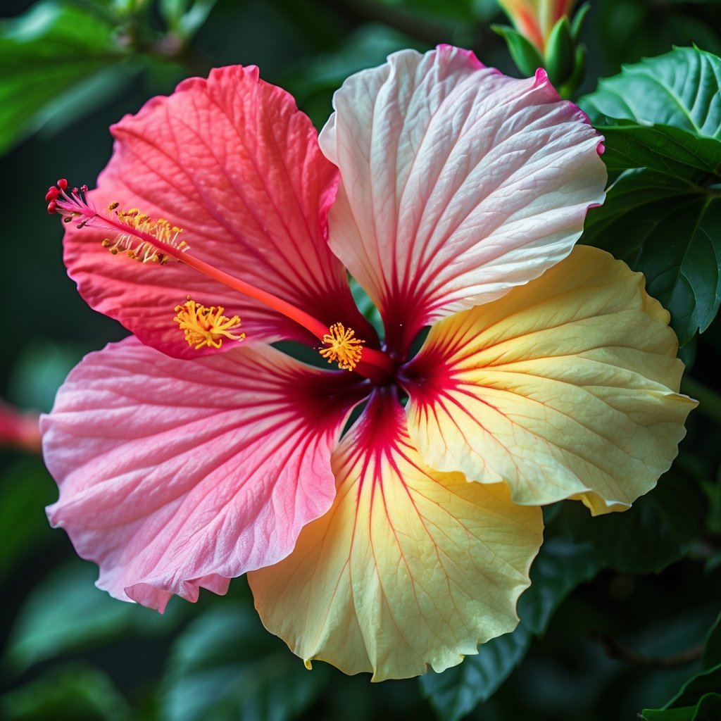 A close-up of a hibiscus flower with petals showing a gradient of colors from red to pink and yellow, surrounded by green leaves.
