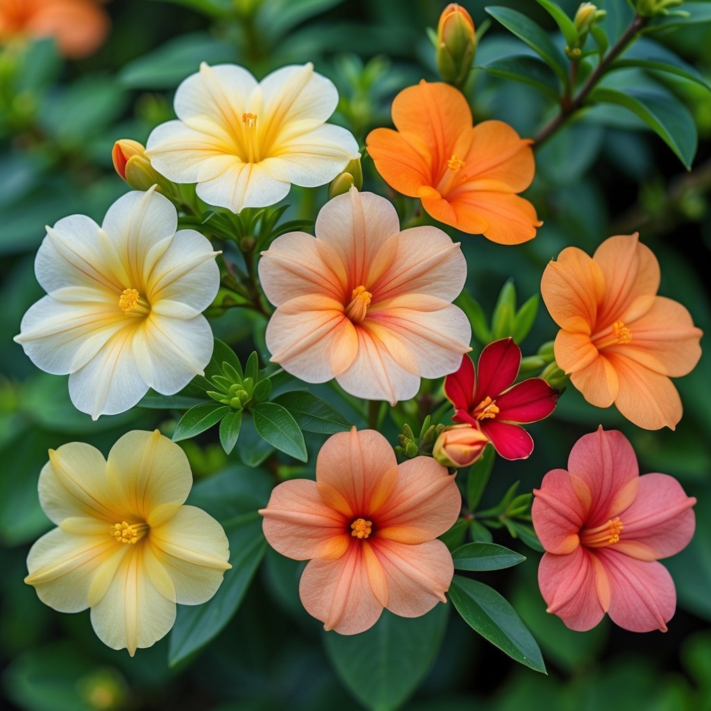 A Clivia plant with eight flowers showing a range of colors from light yellow to deep orange and red, surrounded by green leaves.