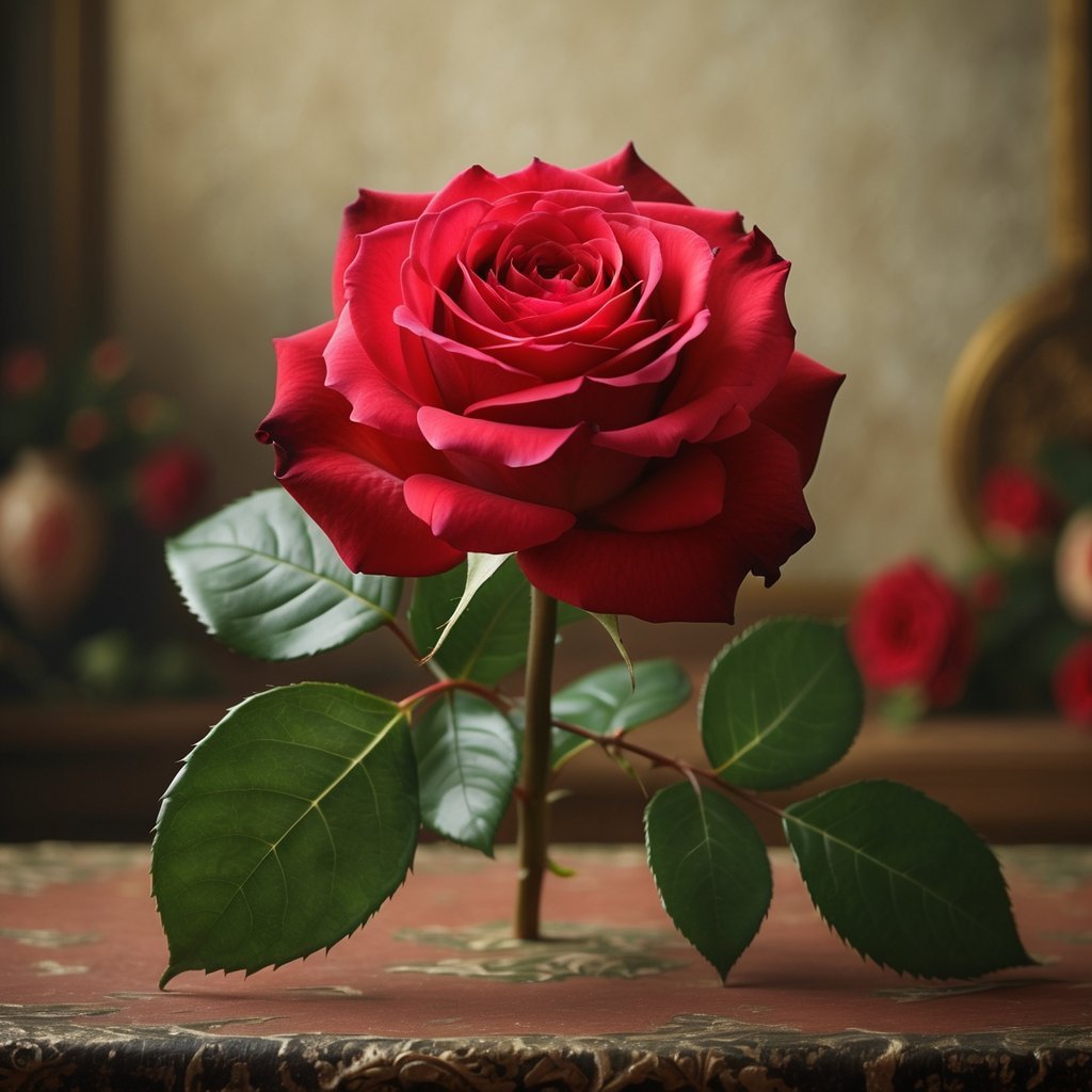 A close-up of a single red rose in full bloom with green leaves on a softly lit textured surface.